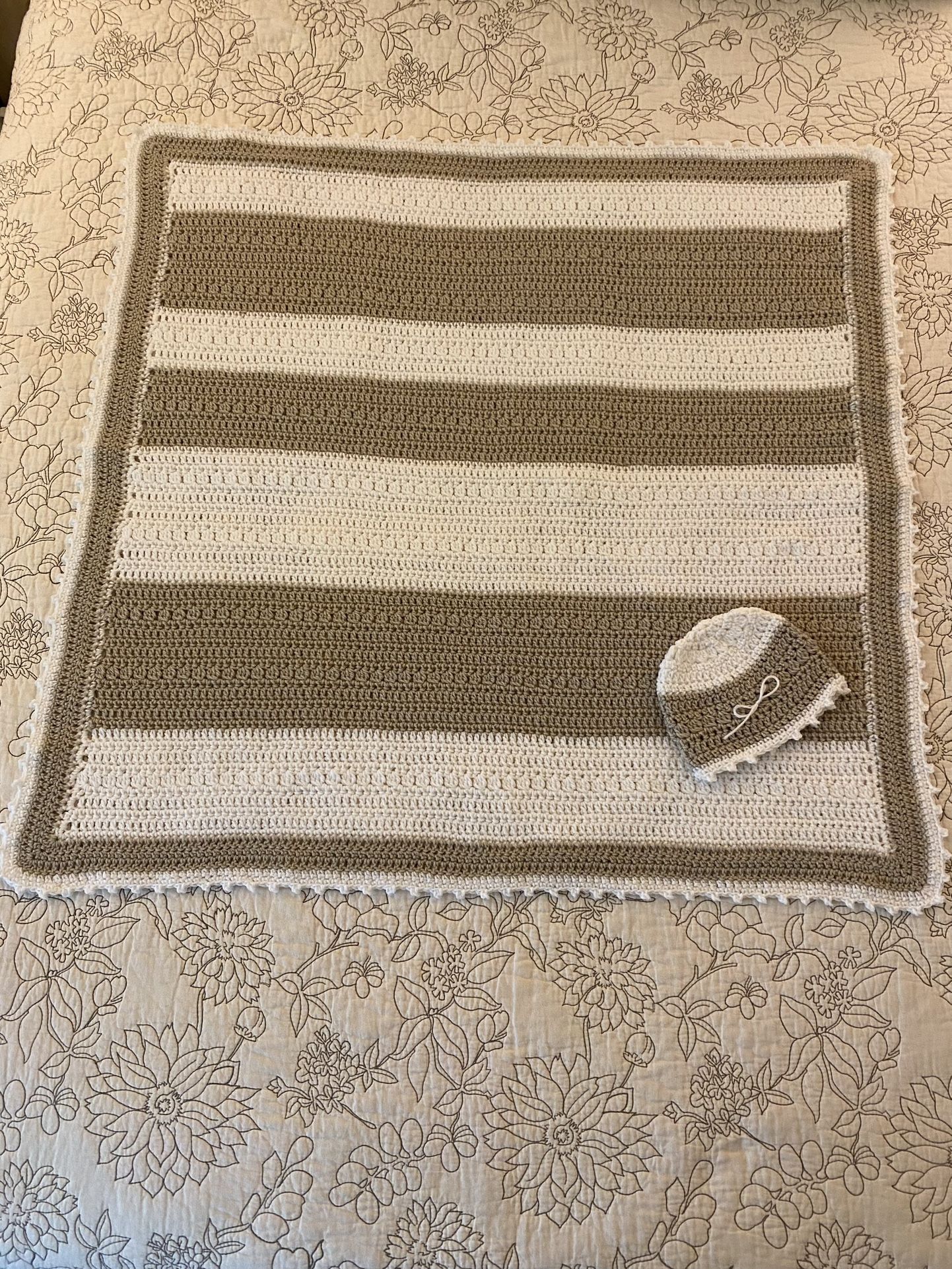 Newly Hand-Crocheted Baby Afghan with Hat