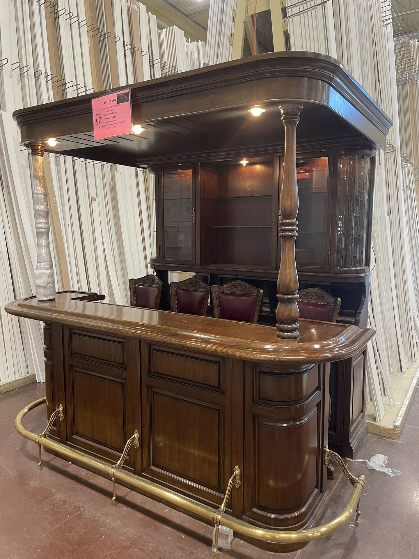 Wooden Bar And Stools 96” Wide X 70” Depth X 91” High