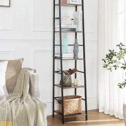 Pshelfy Bookshelf, 5-Tier Narrow Ladder Shelf Bookcase with Metal Frame, Tall Skinny Shelf for Living Room Kitchen