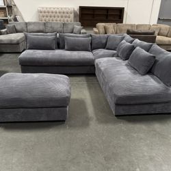 New! Deep Seating Couch, Dark Grey Sectional, Plush Sectional, Sectionals, Sofa, Couch, Sectional Sofa, Corduroy Sectional, Gray Couch, Grey Sofa. Dim