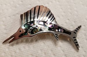 Photo Marlin Sailfish Billfish Sterling Silver Brooch with Abalone Shells.