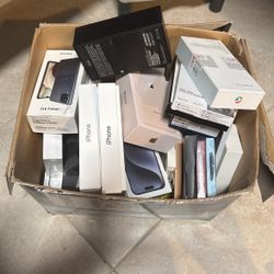 Box With Cellphones Screen Protectors And Cases 
