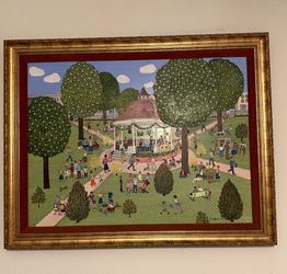 Vintage Folk Art Park Scene – Large Framed Print by Polly Kemp (1987)