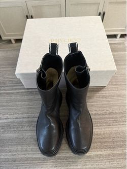 Jimmy Choo Women's Black Leather Combat Mid-Calf Side Zip Lug Sole Boots