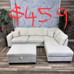 Beige Corduroy Comfortable Sectional Sofa With Ottoman 