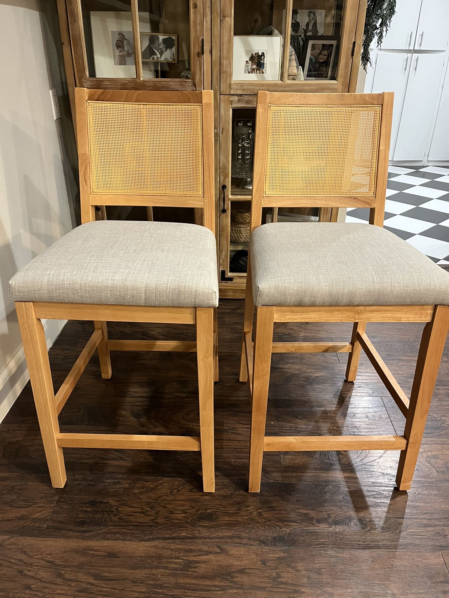 Countertop Stools Cane Back And Gray Upholstery Seat