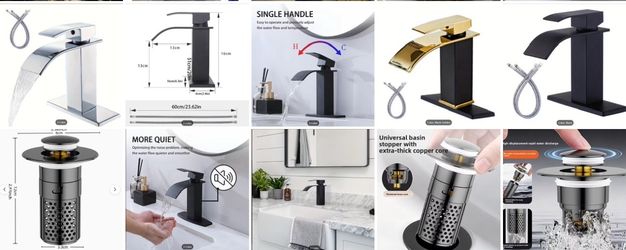 Black; Chrome; Black & Gold Waterfall Style Water Outlet Bathroom Faucet • 1 Set of Faucet + 1 Hose + Pop-up • Single Handle RV Washbasin Bathroom Fau