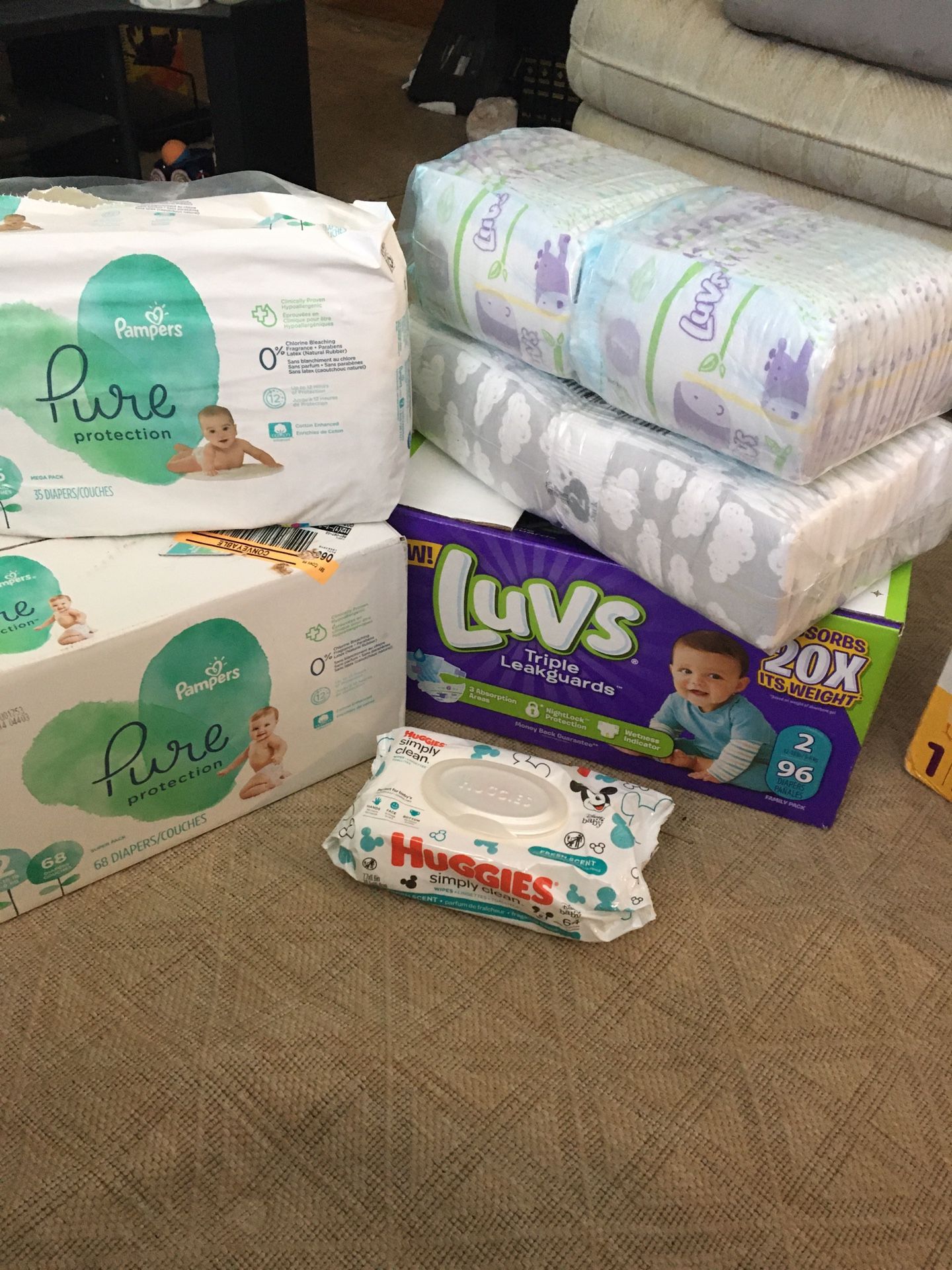 Pampers Pure Protection, Luvs, Parents Choice Diapers size 1 & 2