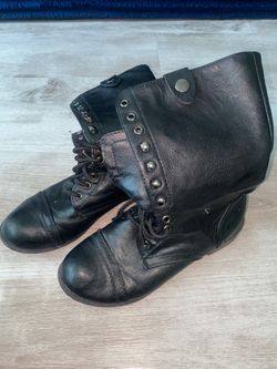 Black Studded Fold-Over Combat Boots - 2-Way Lace-Up Moto Boots