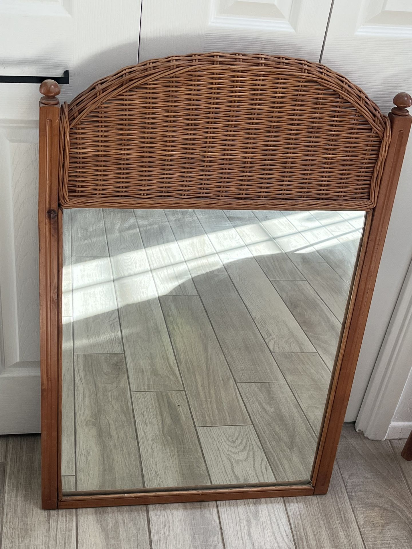 Vintage Wood Framed Wicker Rattan Top Large Mirror