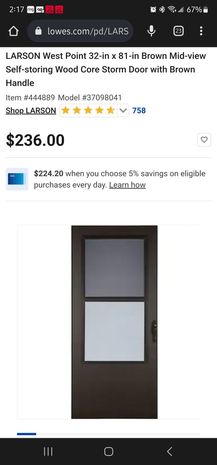 LARSON West Point 32-in x 81-in Brown Mid-view Self-storing Wood Core Storm Door with Brown Handle