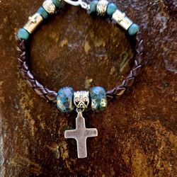 SS Braided Leather Cross Bracelet