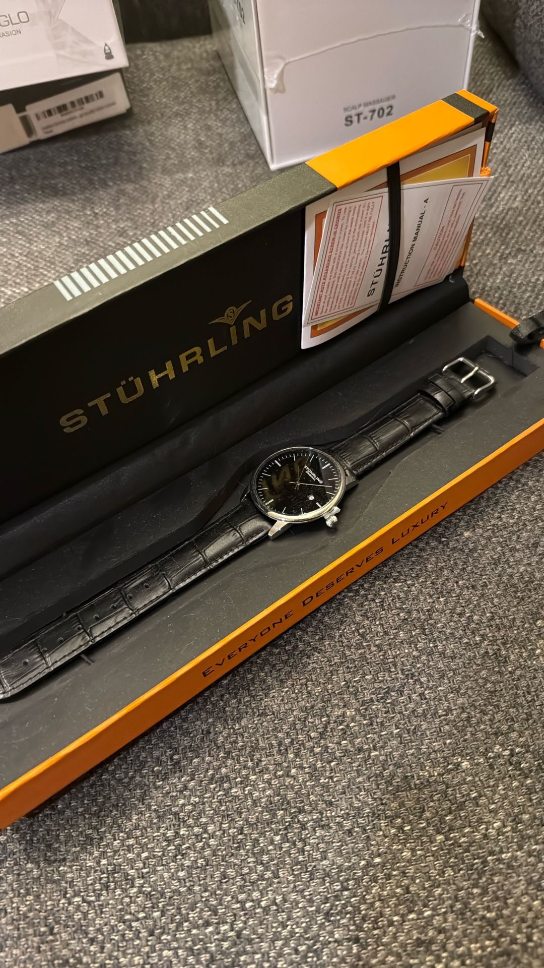 Stuhrling Original Mens Black Watch Calfskin Leather Strap Classic Dress Wrist Watch Minimalist Analog Watch Dial with Date Mens Black Watch
