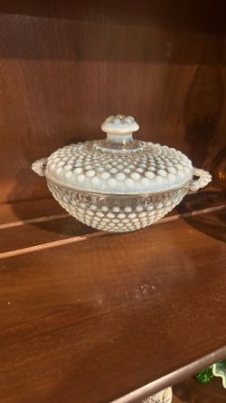 Fenton Hobnail Opalescent Moonstone Covered Candy Dish With Handles