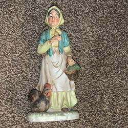Vintage Homco Farmhouse Woman Porcelain Figurine Chicken Rooster Basket Farm