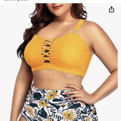 Women Plus Size Two Piece Bikini Swimsuit High Waisted Tummy Control Bottom Bandeau Lace Up Bathing