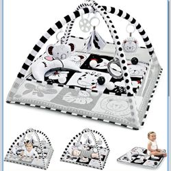 Tummy Time Mat 8-in-1, Play Gyms for 0-6 Months Black and White Baby Play Mat Activity Gym with Sensory Toys and Pillow High Contrast Newborn Play Mat