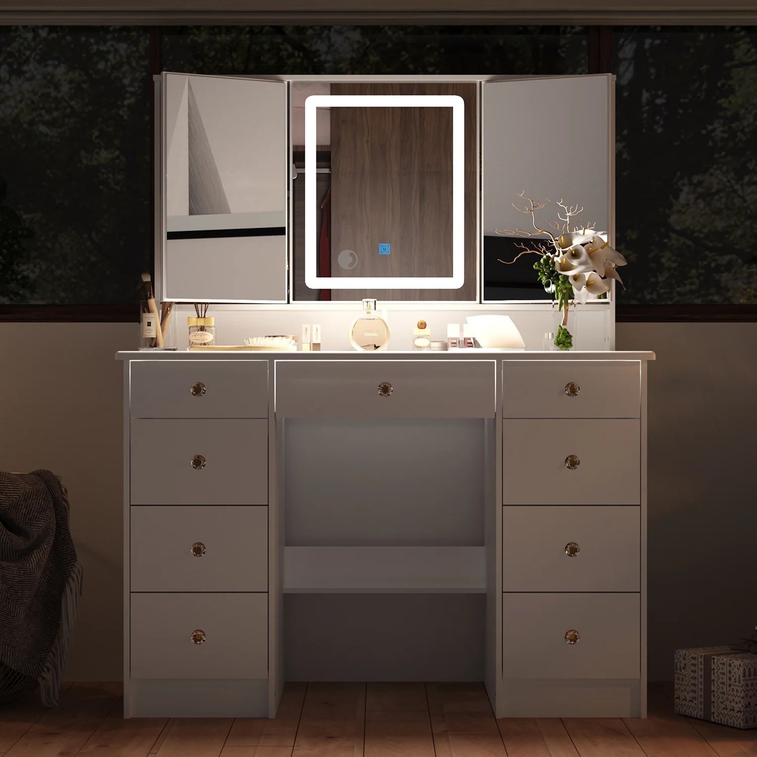 White Makeup Vanity Desk 9 Drawers Wood Dressing Table With 3 Mirrors, Glass Top, Hidden Storage Shelves, LED Lighted