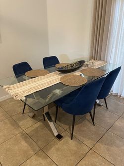 Glass Top Dining Table with 4 Blue Chairs 79”