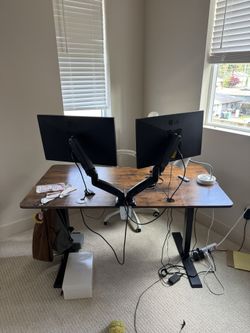 Modern Standing Desk Setup w/ Dual Monitors & White Ergonomic Chair