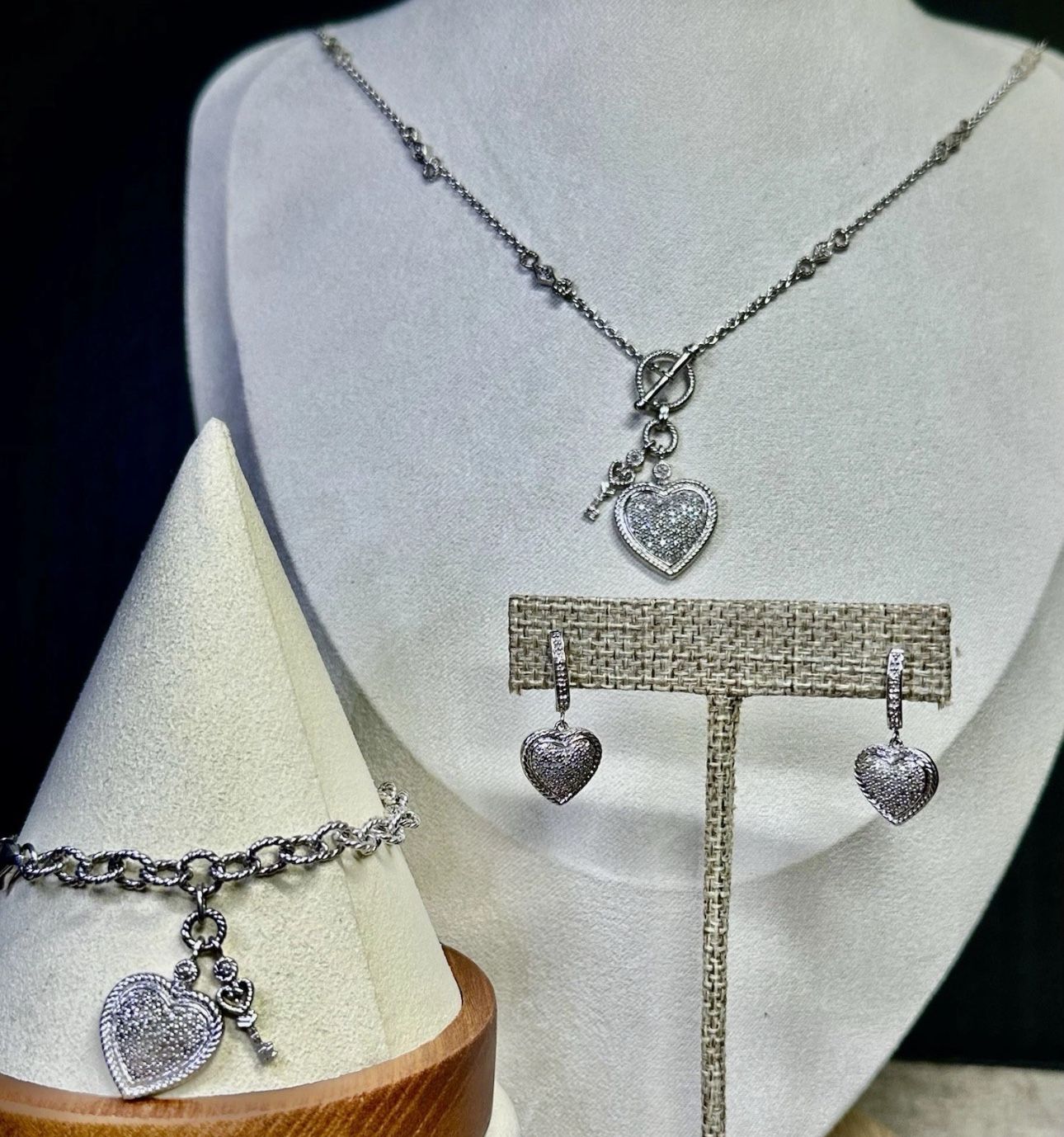 FREE SHIPPING! Judith Jack 925 Sterling Silver Diamond Heart Jewelry Set Lot#116