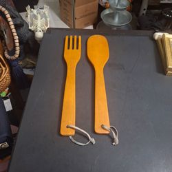 Matching Pair Of Decorative & Functional Wooden 16" Fork & Spoon W/Leather Cords To Hang Up/Salad Servers