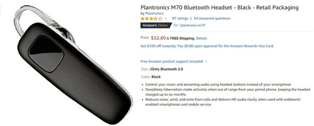 Plantronics M70 Bluetooth Headset