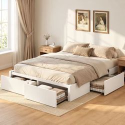 Queen Size Platform Bed Frame with 4 Storage Drawers, Heavy-Duty Metal Support, No Box Spring Needed, Easy Assembly