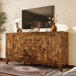 60" Modern High Gloss Burl Sideboard cabinet  dresser with Adjustable Shelves, Brown