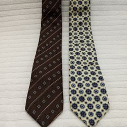 2 SILK DESIGNER NECK TIES: Hardy Amies (Brown/Blue) & Blair (Yellow/Blue) Classic Style Geometric Patterns, Vintage Excellent Condition