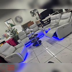 3PC Power recliner sofa set Light gray with Blue LED