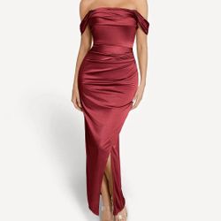 Liquid Metallic Fabric Off Shoulder Shine Ruched Sculpting Maxi Shapewear Dress