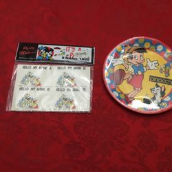 Vintage Disney Sticker Name Tags/ Pinocchio Party Plates 