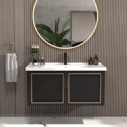 28" Black Floating Bathroom Vanity Set Drop-In Ceramic Sink With Cabinet
