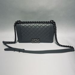 CHANEL Silver Gray Quilted Medium Boy Bag Shoulder Bag Near Mint