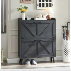 Shoe Cabinet with 2 Flip Drawers & Open Storage,Farmhouse Shoe Storage Cabinet for Entryway,Freestanding Narrow Organizer Rack with Legs,Foyer,Hallway