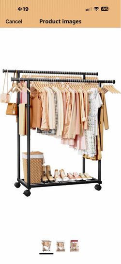 Double Rods Clothes Rack - Metal Clothing Rack with Fixed Double Rods, Rolling Wheels & Built-In Shelf for Closet, Bedroom, Laundry Storage (45.6" x 1