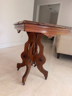Antique Wood Pedestal Side Table with Casters
