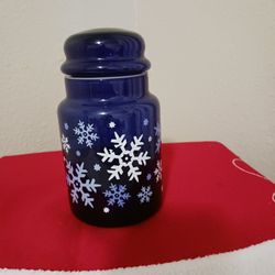 BLUE GLASS JAR WITH SNOWFLAKES,  TIGHT FITTING LID 