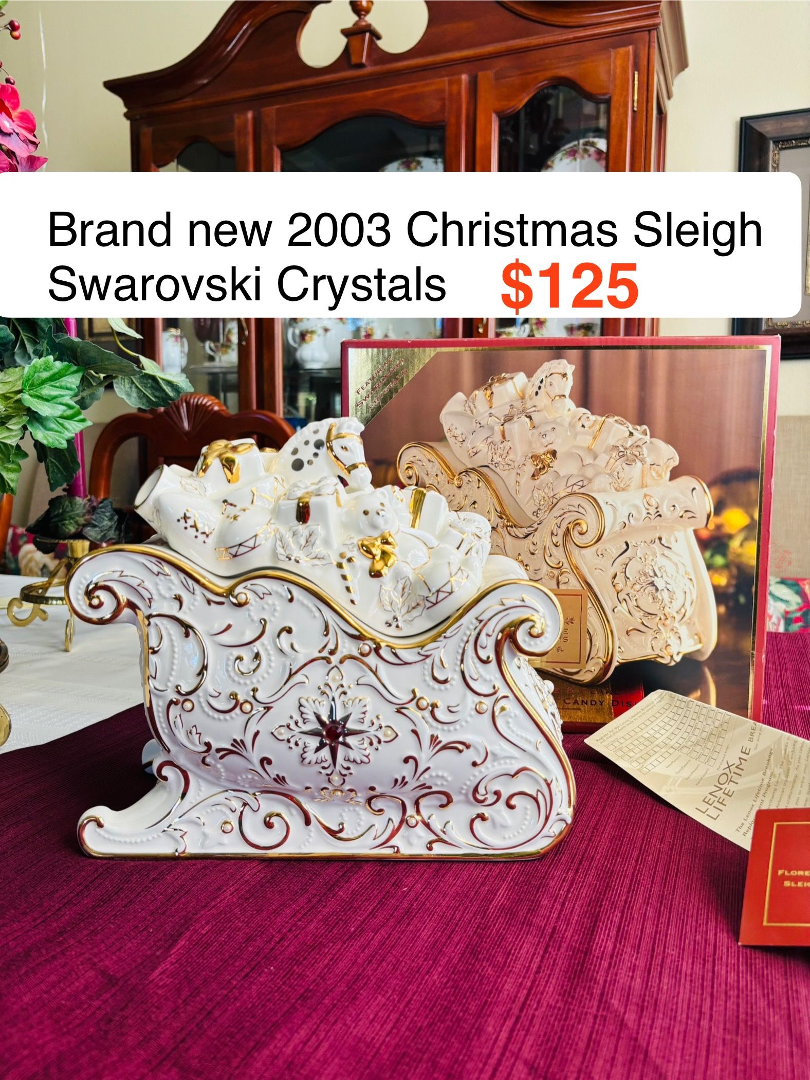 2003 Swarovski Crystals Florentine and Pearl Lenox Christmas Jeweled Santa Sleigh Decor Cookie Jar