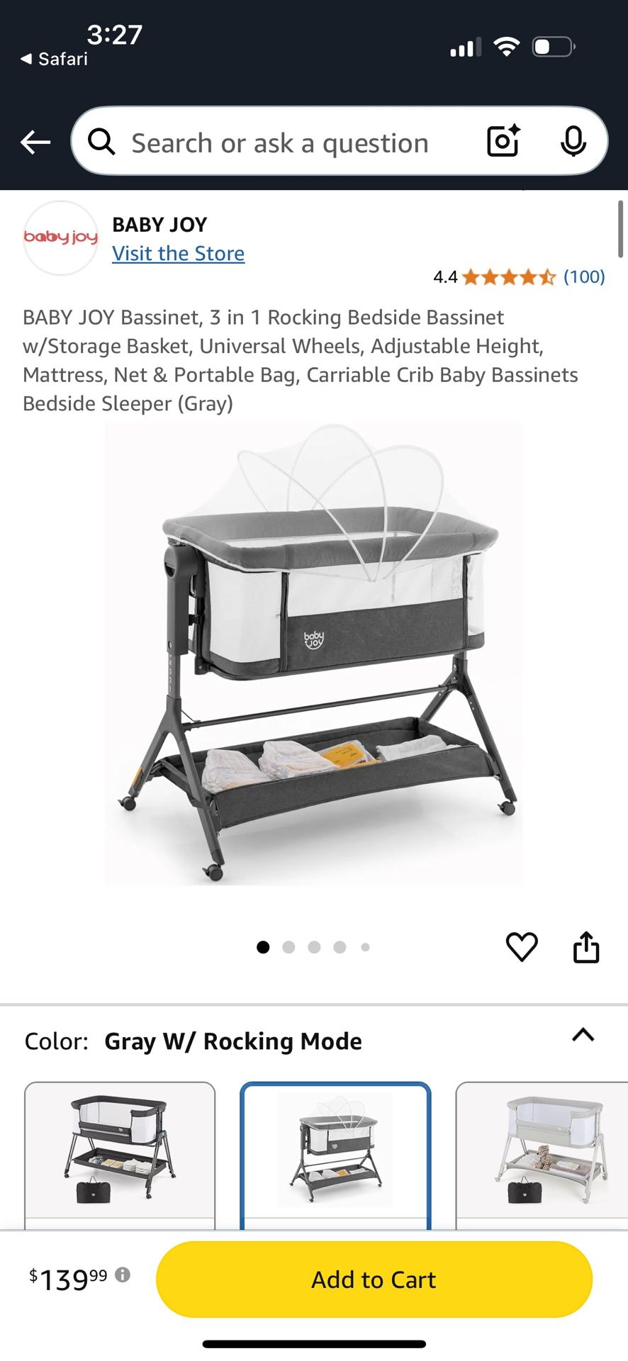 Baby Joy Rocking Bedside Bassinet Crib