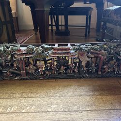 Antique Hand Carved, Painted Asian Architectural Relief 
