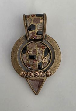 Vintage Chico's Antique Gold Tone Enamel Rhinestone Mosaic Pendant Medallion