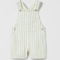 Zara Kids Striped Denim Short Overalls Size 4-5 Years Ecru/Green Girls Boys
