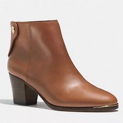 Coach Waldorf Leather Booties, Cinnamon Brown, Zip Back, Gold Detail, Sz 8.5 B