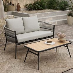 Brand New！LuxenHome Outdoor Aluminum with PE Rattan Loveseat Sofa with Cushions and Coffee Table Set，OF2317-ST
