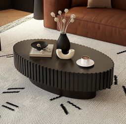 Oval Coffee Table Handcrafted Relief Sturdy Pedestal Wooden Olive Shaped Tea Table for Living Room