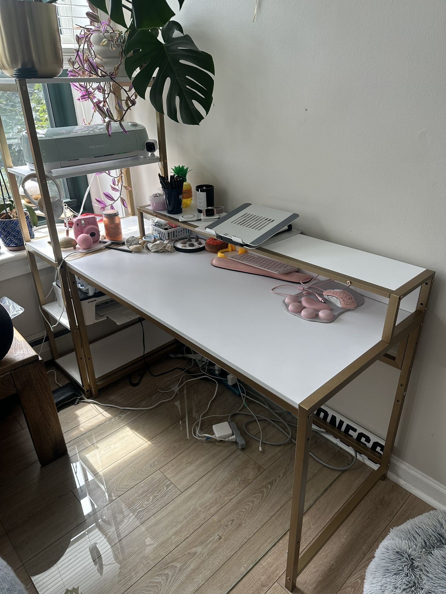MOVING NEED TO SELL FAST! White and gold desk with matching shelves