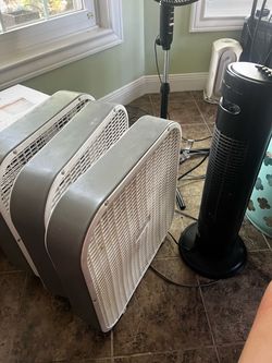 3 Large 20” Box Fans – :  for sale.  * Approx. 20” size * Strong airflow * Great for home, garage, workshop, warehouse, or patio * Portable and easy t