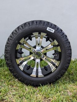 Golf Cart 14"x7" Vampire Machine/Black WHEELS and 23"x10"-14" Stringer DOT TIRES (Set of 4)